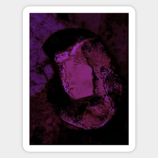 Portrait, digital collage and special processing. Man, knight on street, face. Near some building. Night, violet. Sticker